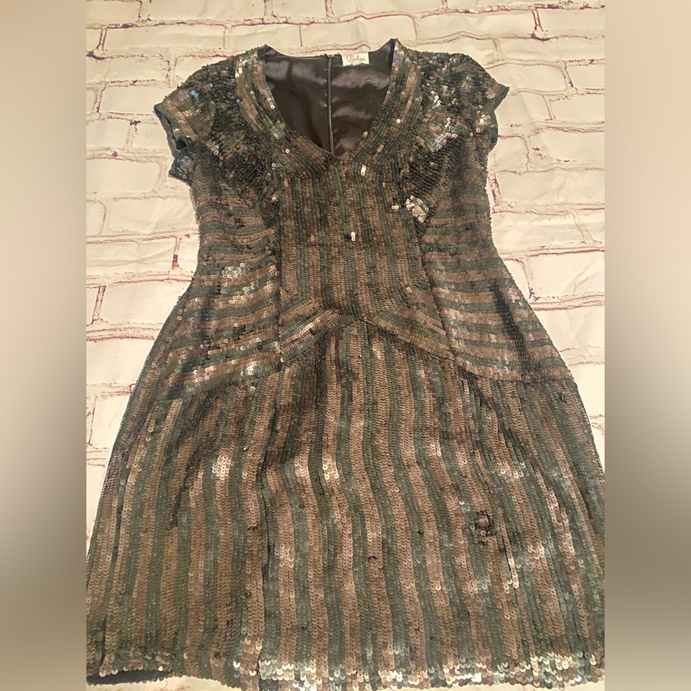 Parker Black and Tan Sequin Sheath Mini Dress - Medium - Picture 2 of 14